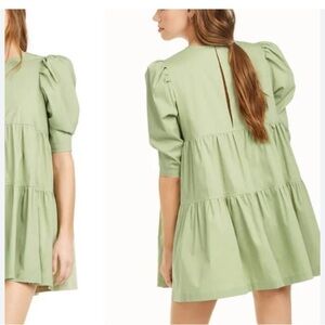 DANIELLE BERNSTEIN Sage Green Puff Sleeve Tiered Mini Dress
